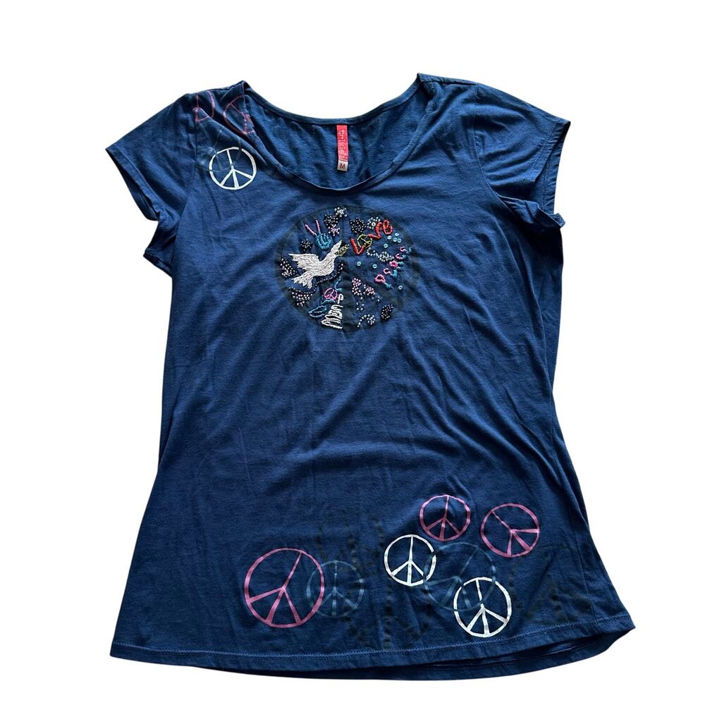Trixie Peace & Love Embroidered Beaded Boho Baby Doll T-shirt Navy M
